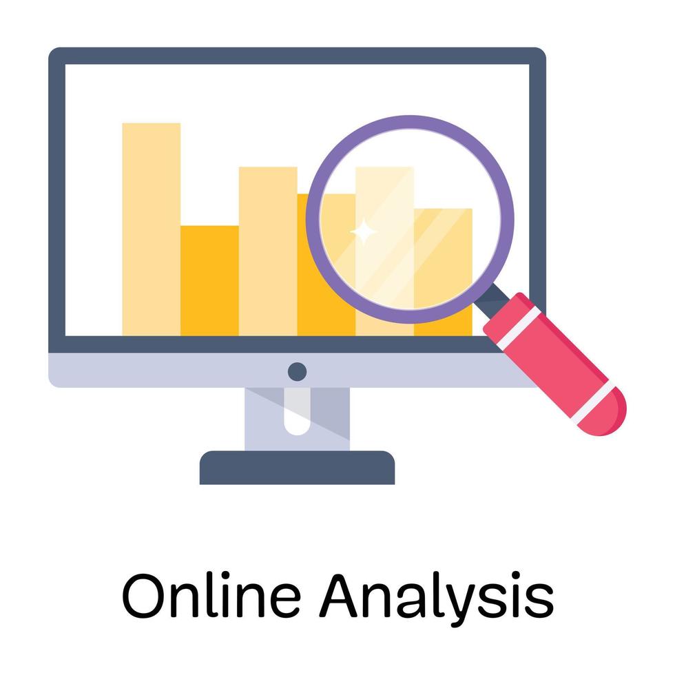 Balken im Computer und Lupe, flache Ikone der Online-Analyse vektor