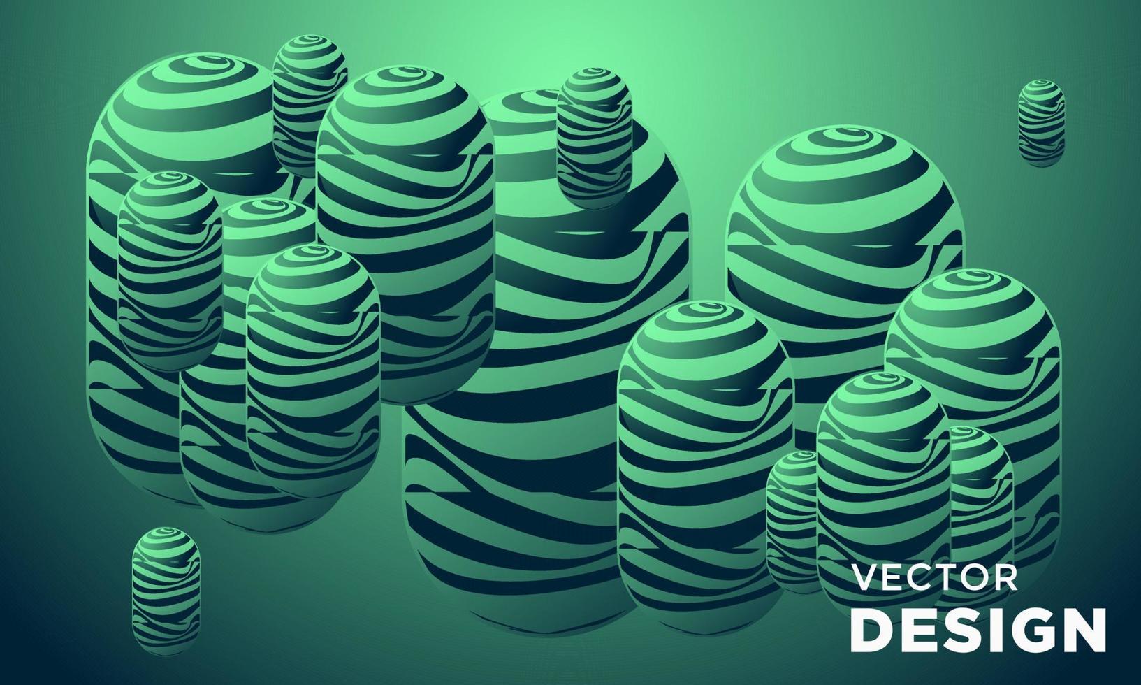 abstrakter Hintergrund mit dynamischen 3D-Feldern. grüne Blasen Vektorillustration des strukturierten Balls mit gestreiftem Muster. modernes trendiges Banner- oder Posterdesign vektor