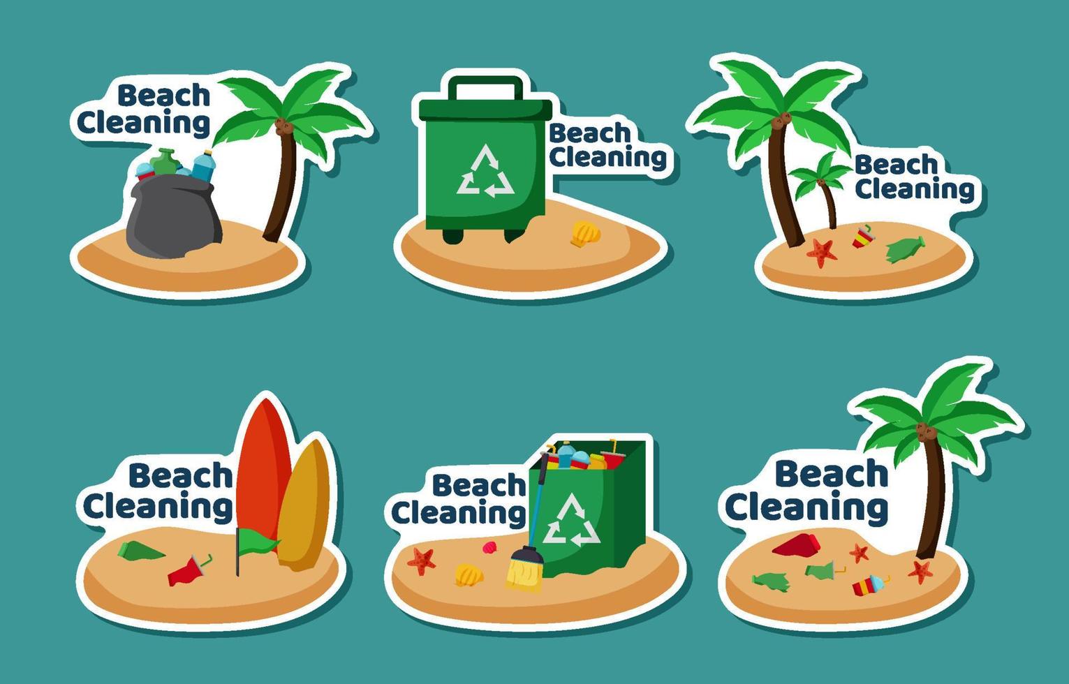 uppsättning strand rengöring klistermärke pack vektor
