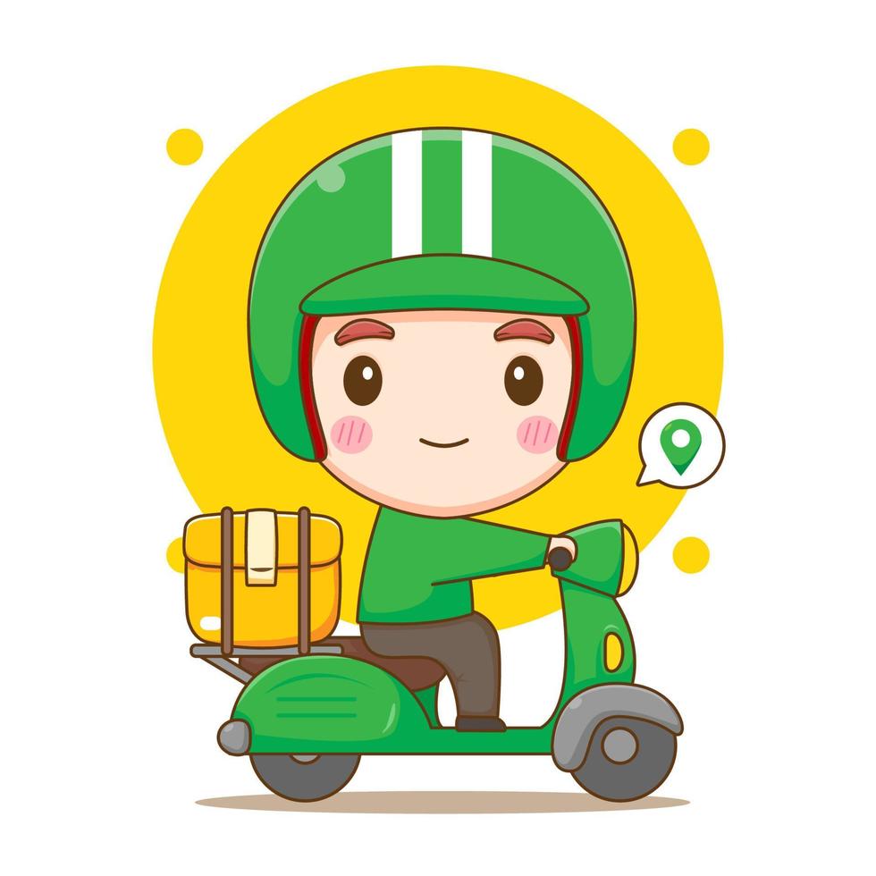 söt leveransman som åker motorcykel med paket. tecknad illustration av Chibi karaktär isolerad på vit bakgrund. vektor
