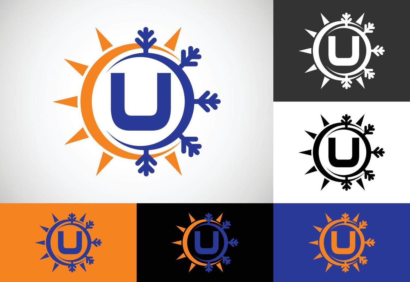 anfängliches u-monogrammalphabet mit abstrakter sonne und schnee. Symbol für das Logo der Klimaanlage. Heißes und kaltes Symbol. vektor