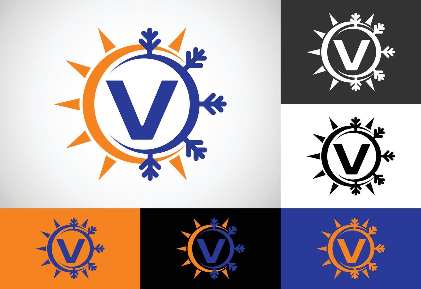 anfängliches v-monogrammalphabet mit abstrakter sonne und schnee. Symbol für das Logo der Klimaanlage. Heißes und kaltes Symbol. vektor
