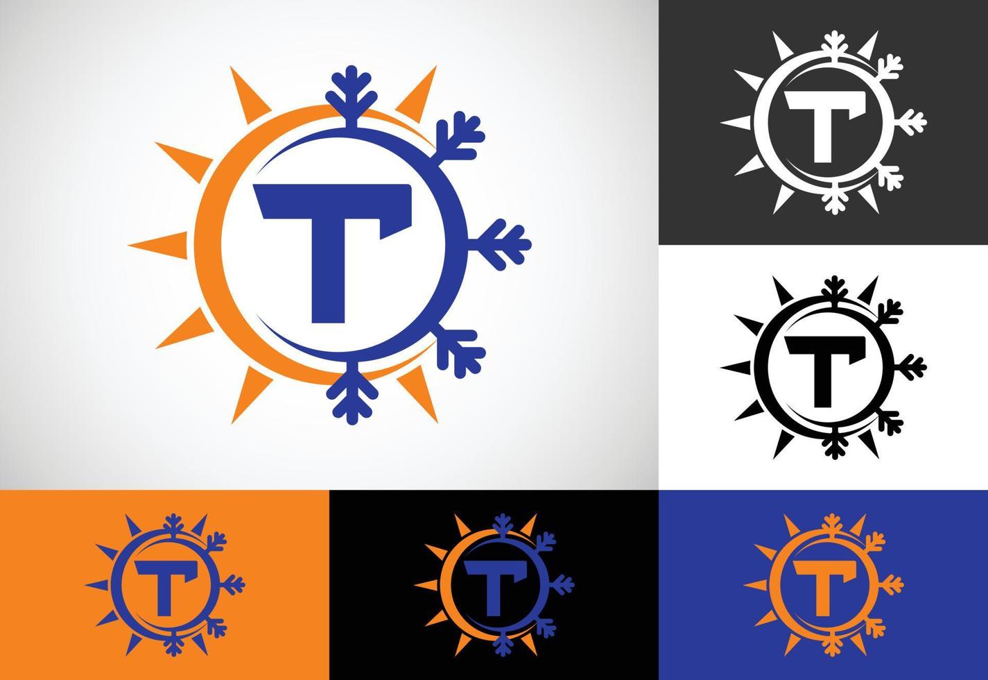 anfängliches t-monogrammalphabet mit abstrakter sonne und schnee. Symbol für das Logo der Klimaanlage. Heißes und kaltes Symbol. vektor