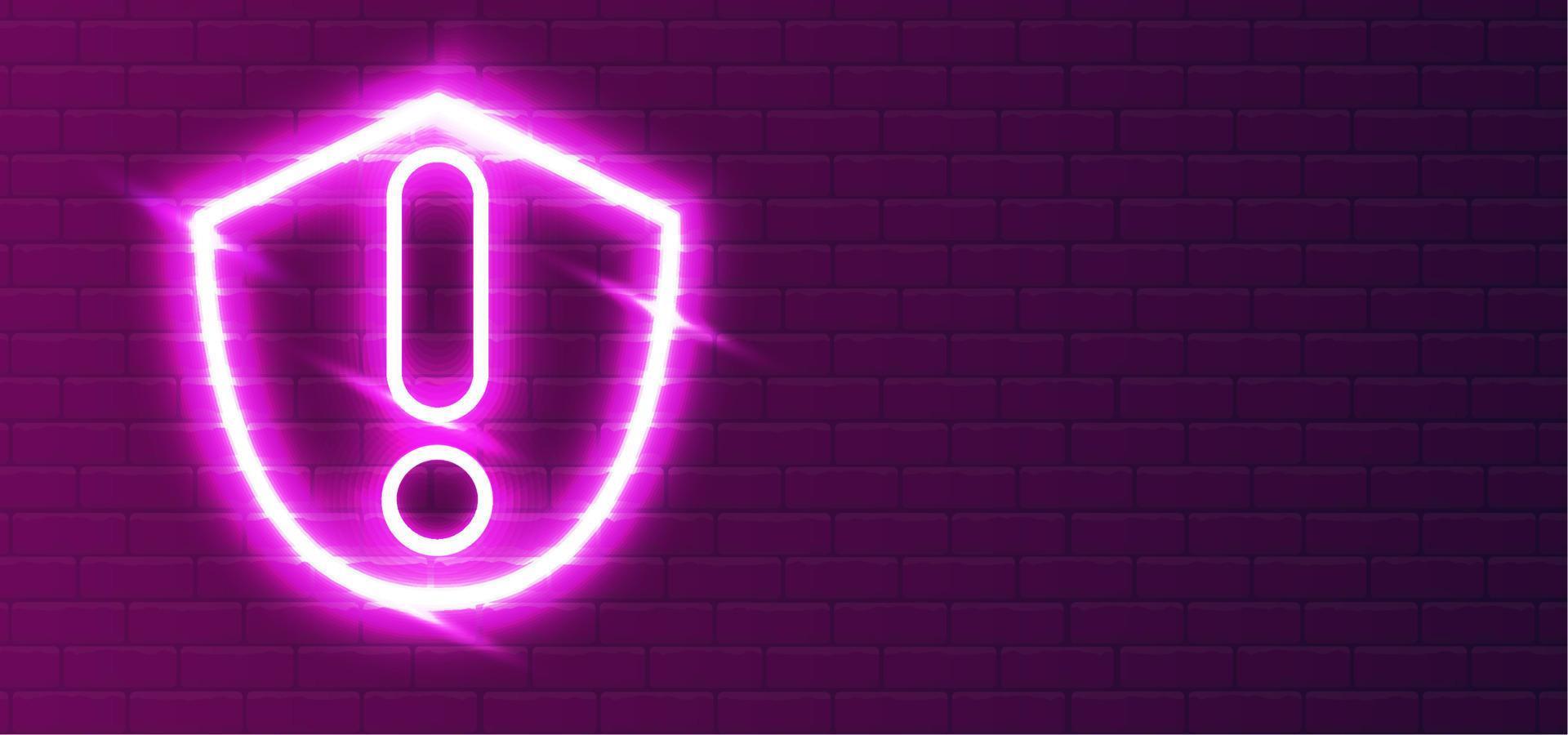 led röd-violett superljus neon brandvägg-sköld uppmärksamhet ikon typ. realistiskt neon utropstecken. skyttegravssäkerhet. säkerhetssköld nattshow på väggen. vägg bakgrund. vektor