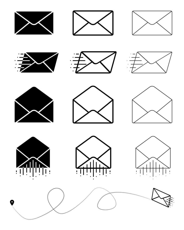 geschlossener Umschlag, offener Umschlag und sich schnell bewegendes modernes Postsymbol. vektor