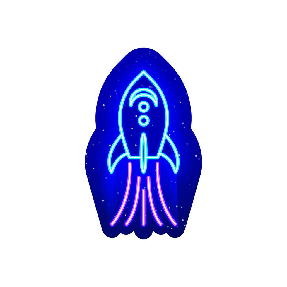 neon färgade rymdraket ikonsymbol. midnattsblå. raket fartyg design i neon himmel. realistisk neonikon. det finns maskområde på vit bakgrund. vektor