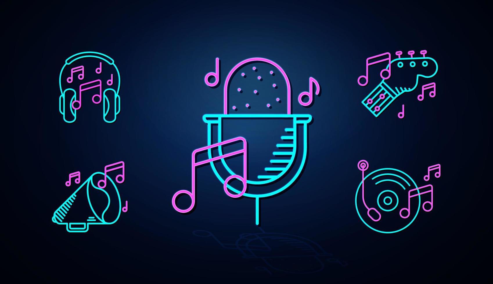 Ikoner som neonfärgad mikrofon, piano, gitarr och musiknot visas tydliga. neon linje ikon. underhållning och karaoke musik ikonuppsättning. neon ikonuppsättning. vektor