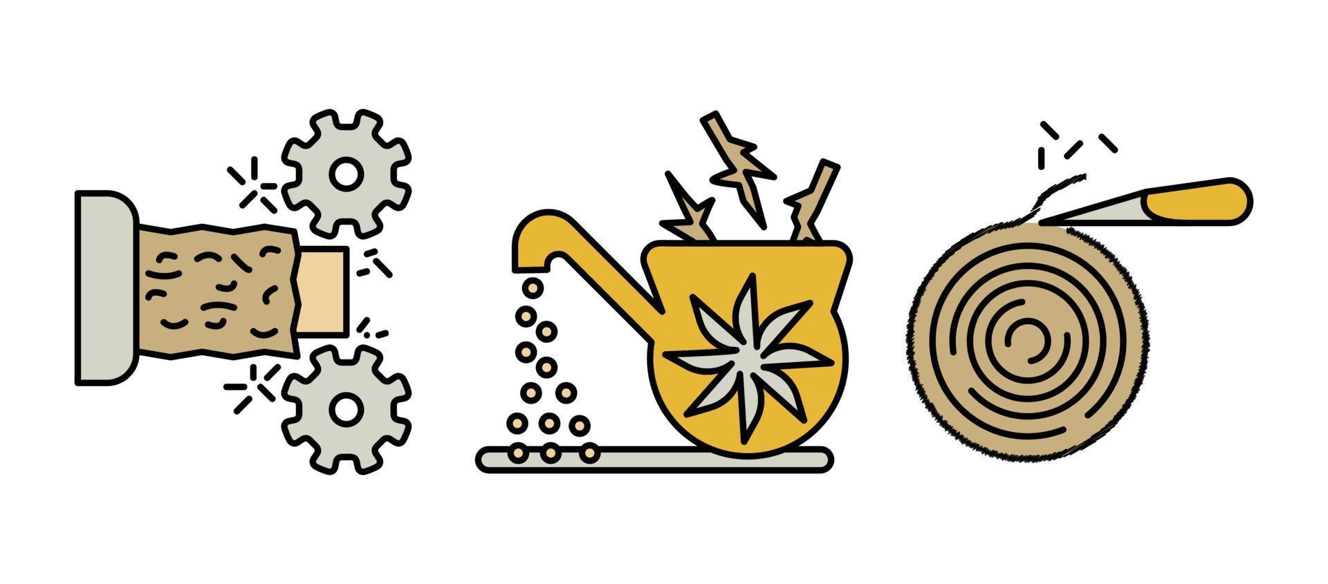 Drehen von Bäumen, Holzschnitzereien und Werkzeugsymbolen. Dünne Liniensymbole des Holzproduktionsprozesses. Symbolsatz für die Herstellung. buntes lineares set. vektor