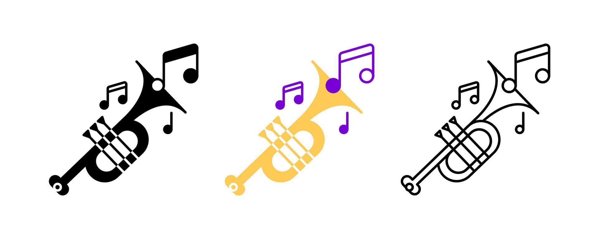 Symbolsatz für Trompete und Musiknoten. Unterhaltungs- und Musikikone. Kunst-Vektor-Illustration-Set. editierbarer Zeilensatz. silhouette, farbiger, linearer symbolsatz. vektor