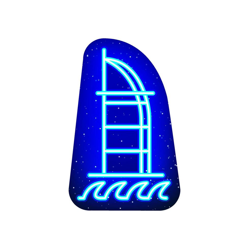 blå neon dubai burj al arab ikon. midnattsblå. neon megalopolis och ljus arkitektonisk design. realistisk neonikon. det finns maskområde på vit bakgrund. vektor