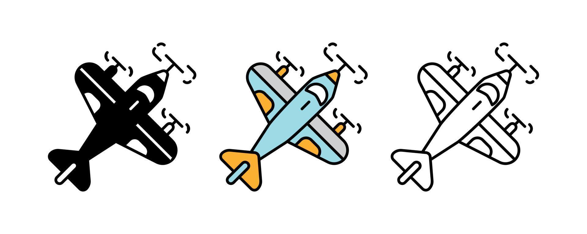 Flugzeug-Icon-Set. silhouette, bunter und linearer satz. vektor