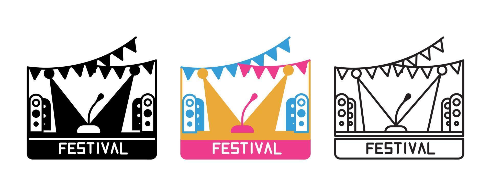 Symbolsatz für die Festivalbühne. Symbol für die Karnevalslinie der musikalischen Bühne. Festival- und Event-Icon-Set. silhouette, bunter und linearer satz. vektor