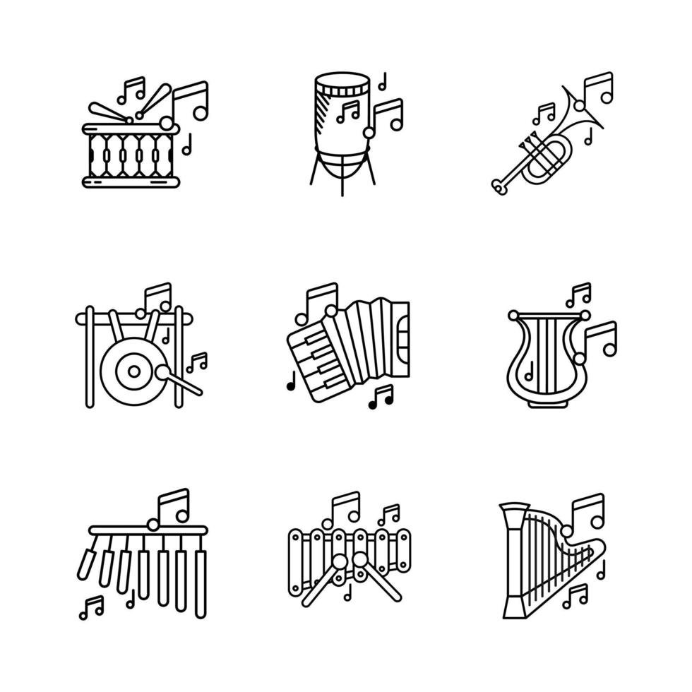 barglockenspiel, großer gong, percussion, akkordeon, harfeninstrument, xylophon und musiknoten-symbolsatz. Unterhaltungs- und Musikikone. Reihe von Schlaginstrumenten. editierbarer Zeilensatz. lineares Icon-Set. vektor