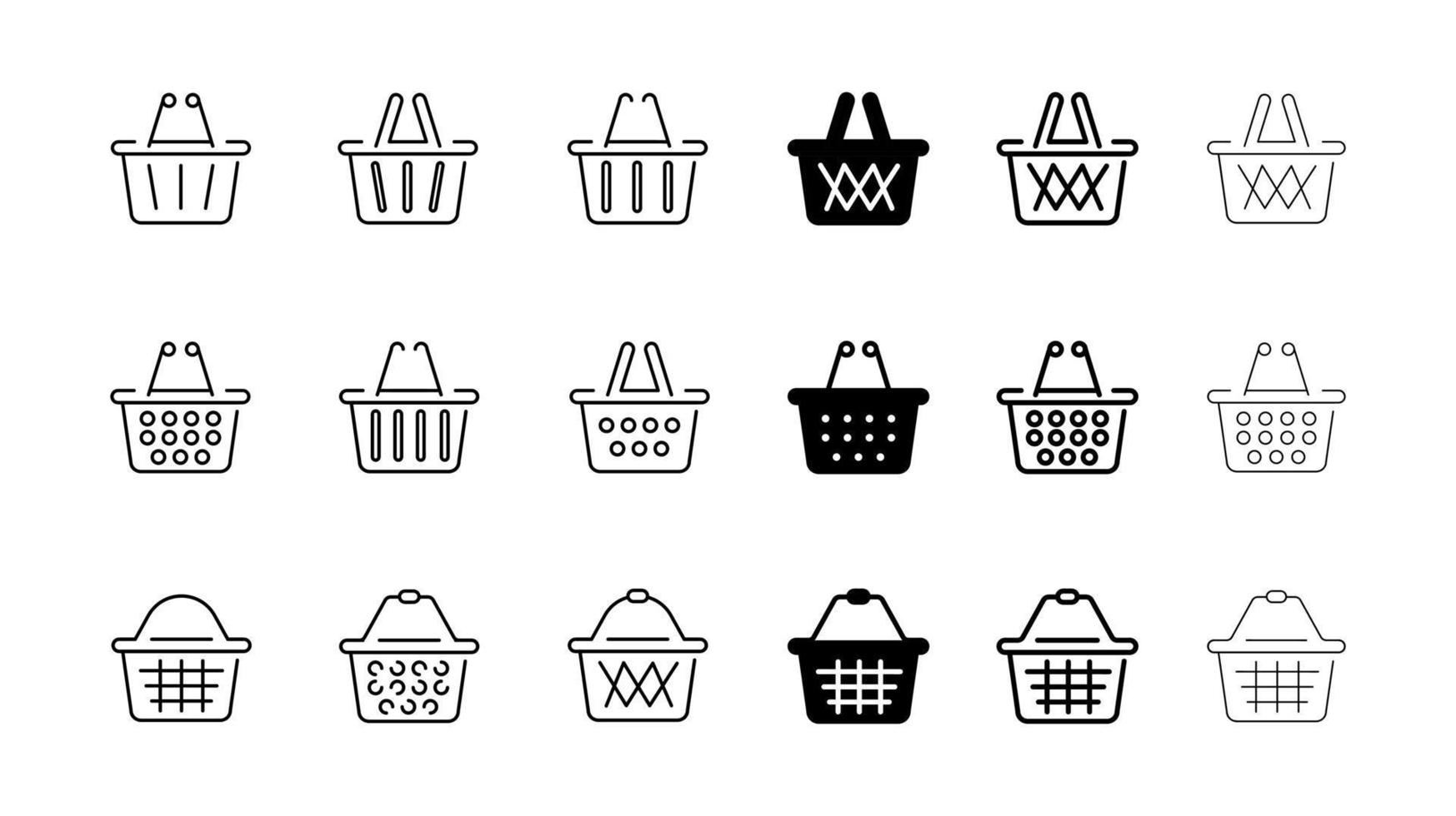 Satz von 18 verschiedenen Warenkorb-Symbolen. gleiche Dicke und unterschiedliches Design für Online-Shop. Sammlungssymbole aus verschiedenen Korbsymbolen in verschiedenen Formen. Online-Shop-Symbole. Linienstil. vektor