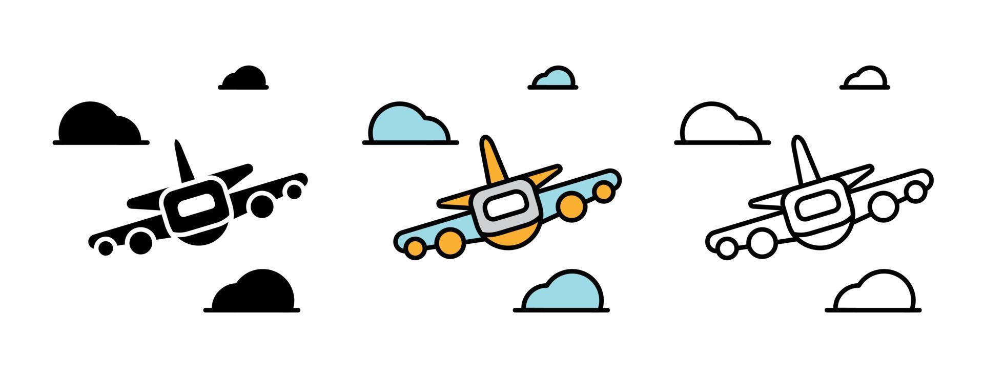 flygplan ikonuppsättning. flygplan framsidan skiss uppsättning bland moln. vektor