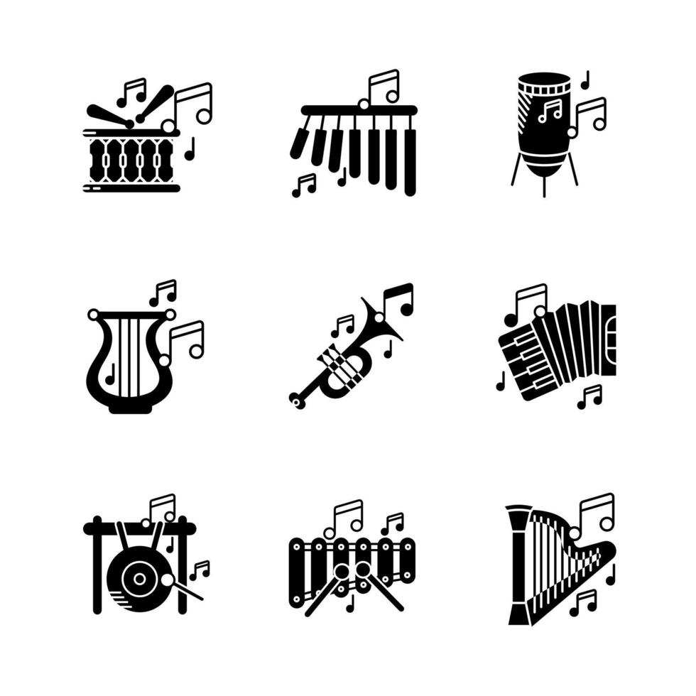 Harfeninstrument, Xylophon, Glockenspiel, großer Gong, Schlagzeug, Akkordeon und Musiknoten-Icon-Set. Unterhaltungs- und Musikikone. Reihe von Schlaginstrumenten. editierbarer Zeilensatz. Silhouetten-Icon-Set. vektor