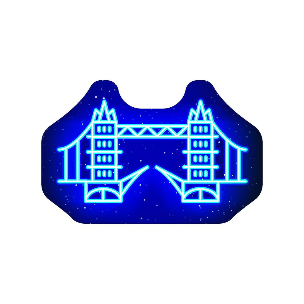 blaues Neon-England-Tower-Bridge-Symbol. Mitternachtsblau. neon turmbrücke altes gebäudestrukturdesign. realistische neonikone. Es gibt einen Maskenbereich auf weißem Hintergrund. vektor