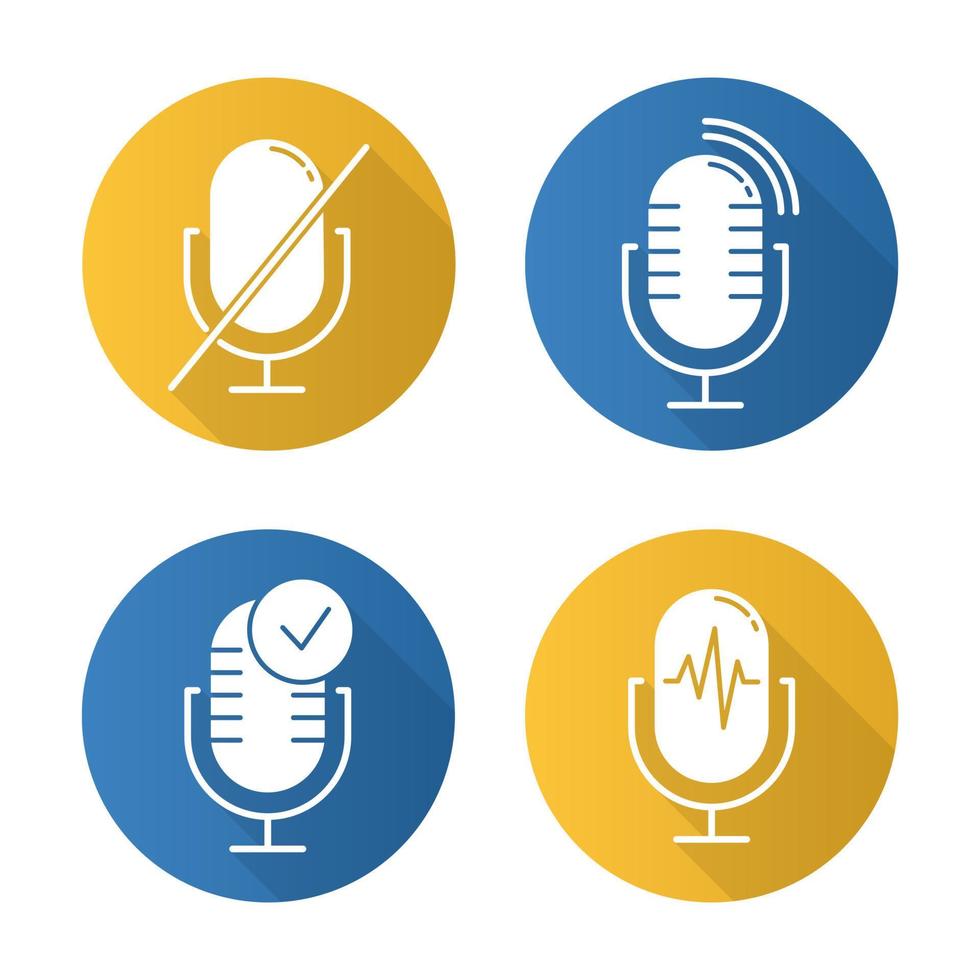 Mikrofon mit Modi flaches Design lange Schatten-Glyphen-Symbole gesetzt. Soundrecorder installieren. Spracherkennungsprozess. Problem mit der Mikrofonverbindung. technischer Fehler. Vektor-Silhouette-Illustration vektor