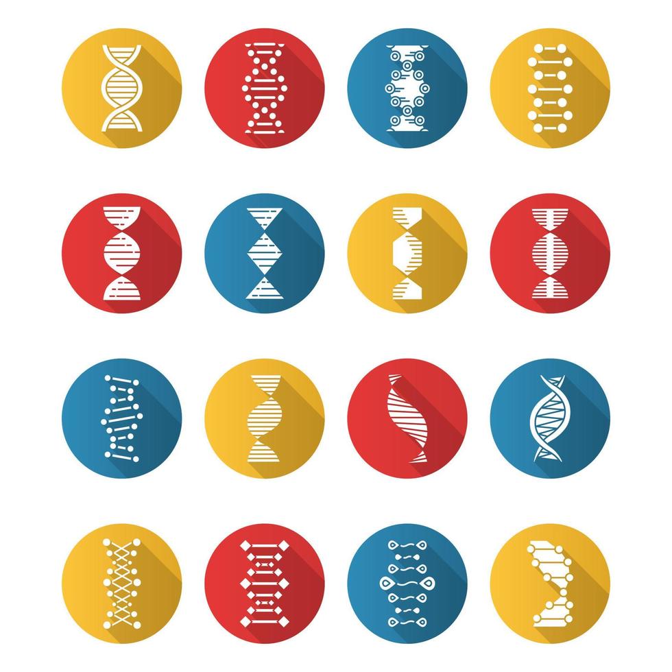 DNA-Helix flaches Design lange Schatten-Glyphen-Symbole gesetzt. Desoxyribonukleinsäure, Nukleinsäurestruktur. spiralförmige Stränge. Chromosom. Molekularbiologie. genetischer Code. Genetik. Vektor-Silhouette-Illustration vektor