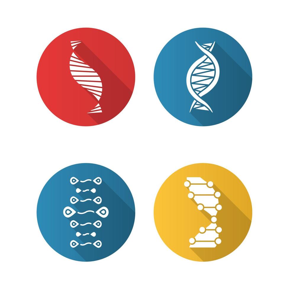 dna trådar platt design lång skugga glyph ikoner set. deoxiribonuklein, nukleinsyrahelix. spiralformade trådar. kromosom. molekylärbiologi. genetisk kod. genetik. vektor siluett illustration