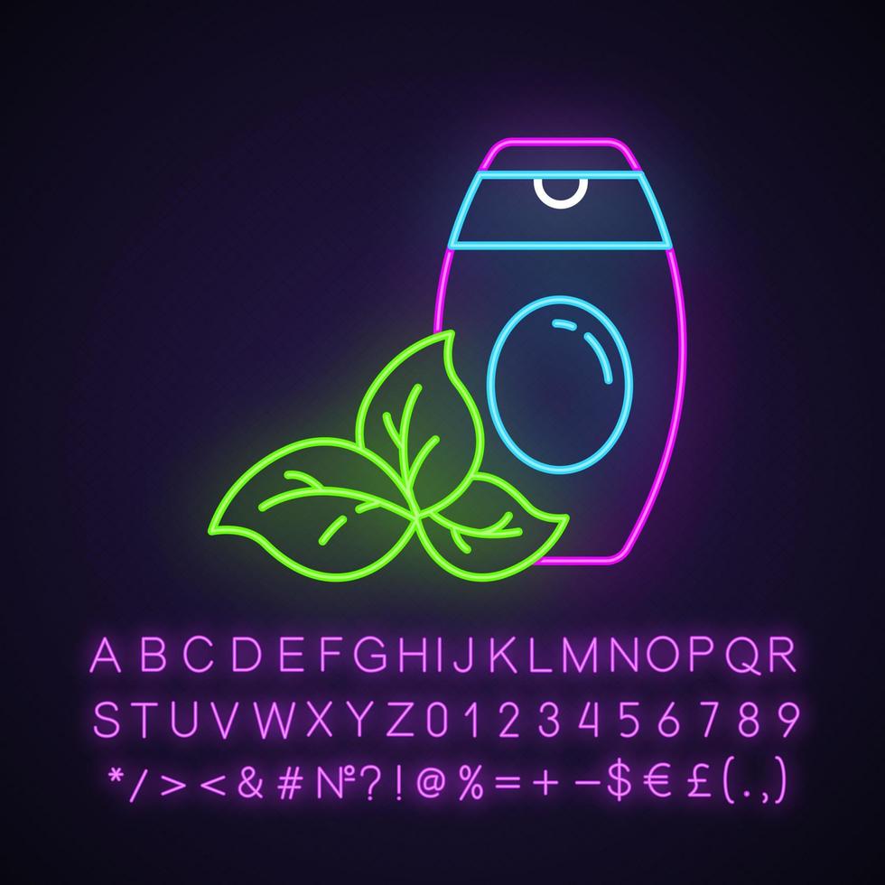 Symbol für Neonlicht der Duschgelflasche. Schaumbad. Duschgel. Hautpflege. Schönheitsprodukt. Shampoo. Bio-Kosmetik. leuchtendes zeichen mit alphabet, zahlen und symbolen. vektor isolierte illustration