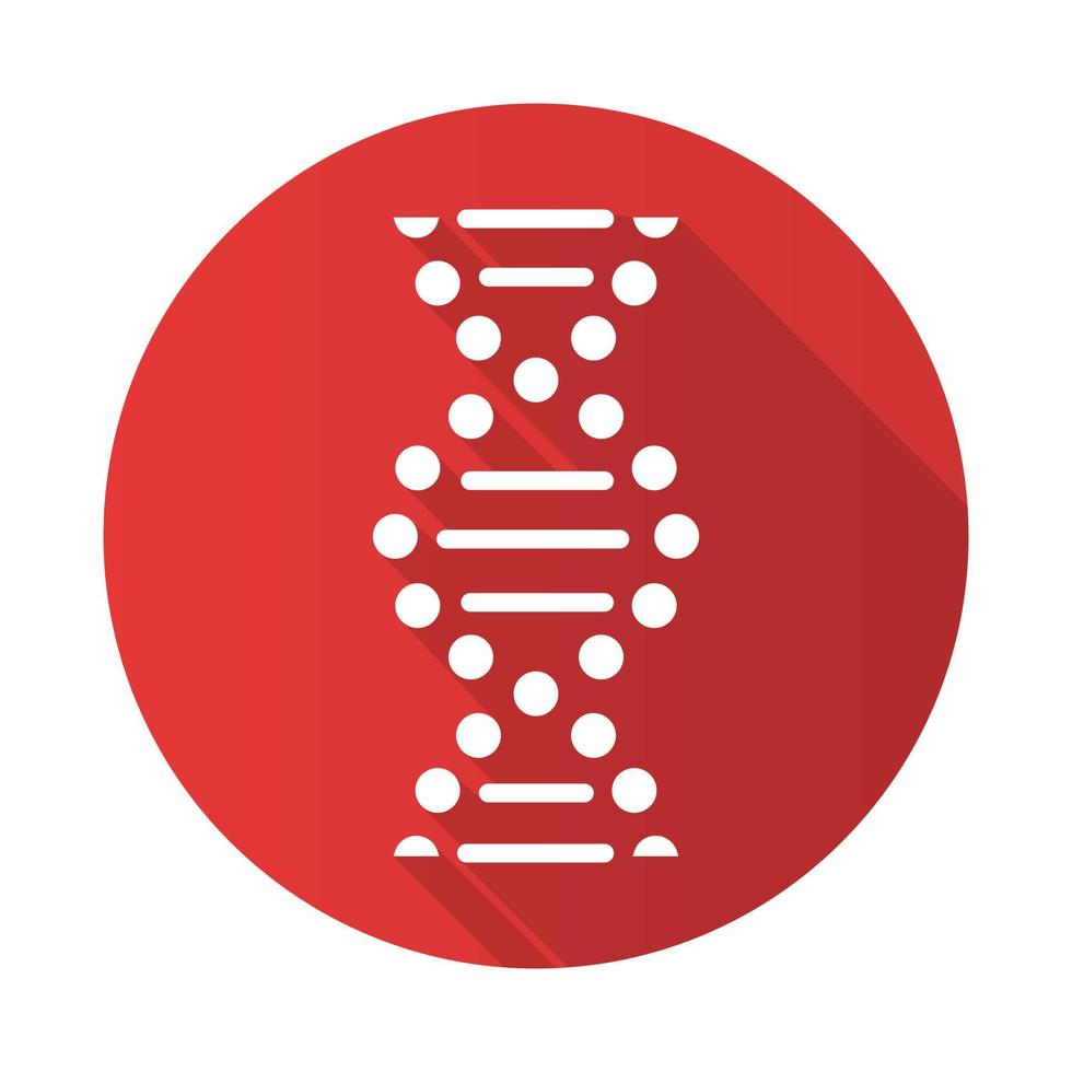 dna spiral röd platt design lång skugga glyfikon. sammankopplade punkter, linjer. deoxiribonuklein, nukleinsyrahelix. kromosom. molekylärbiologi. genetisk kod. genetik. vektor siluett illustration