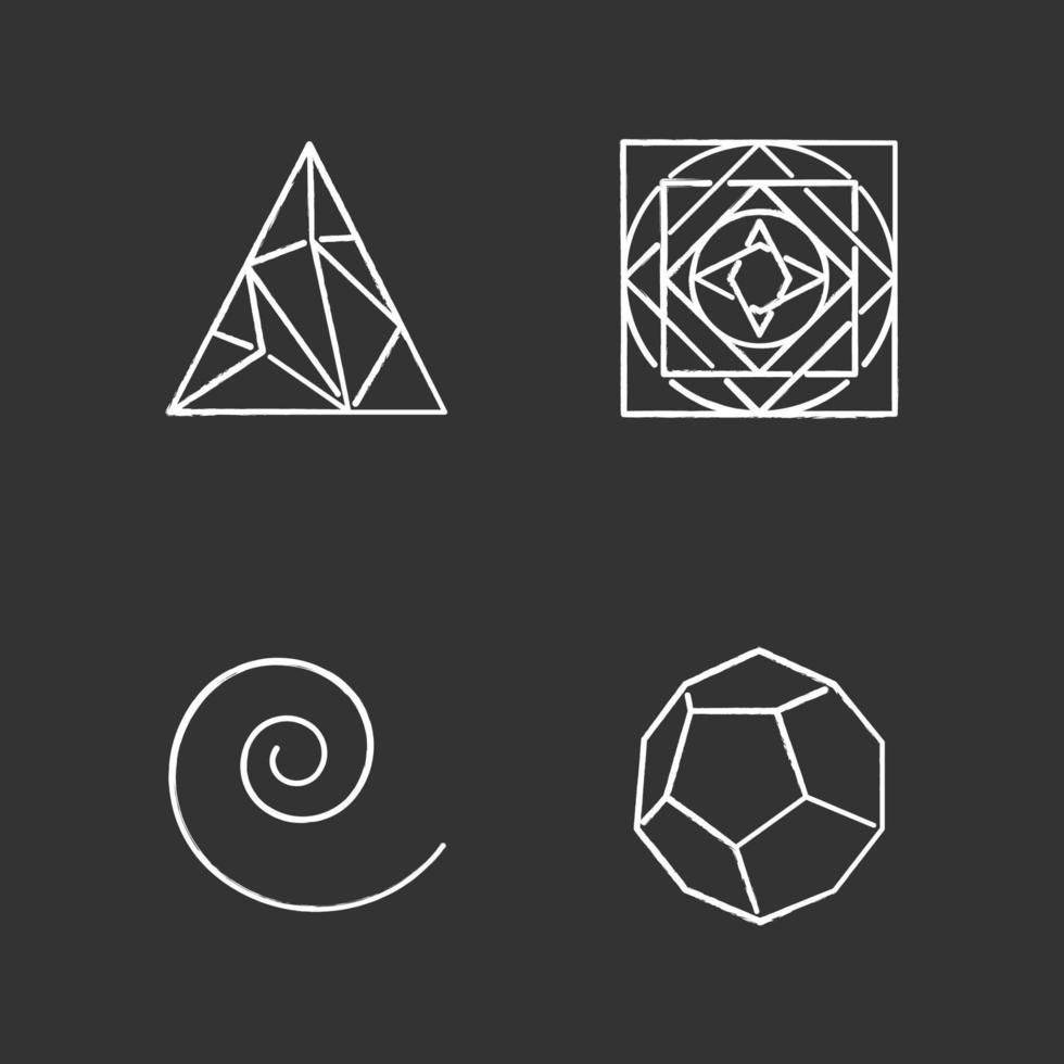 geometriska figurer krita ikoner set. polygonal triangel. kvadrat med cirkel prydnad. virvlar, böjda stokes. abstrakta former. dodekaeder. isometriska former. isolerade svarta tavlan vektorillustrationer vektor