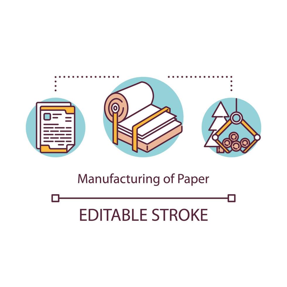 tillverkning av papper koncept ikon. lokal produktion idé tunn linje illustration. hugga ner träd för att tillverka papper. liten affärsprocess. vektor isolerade konturritning. redigerbar linje