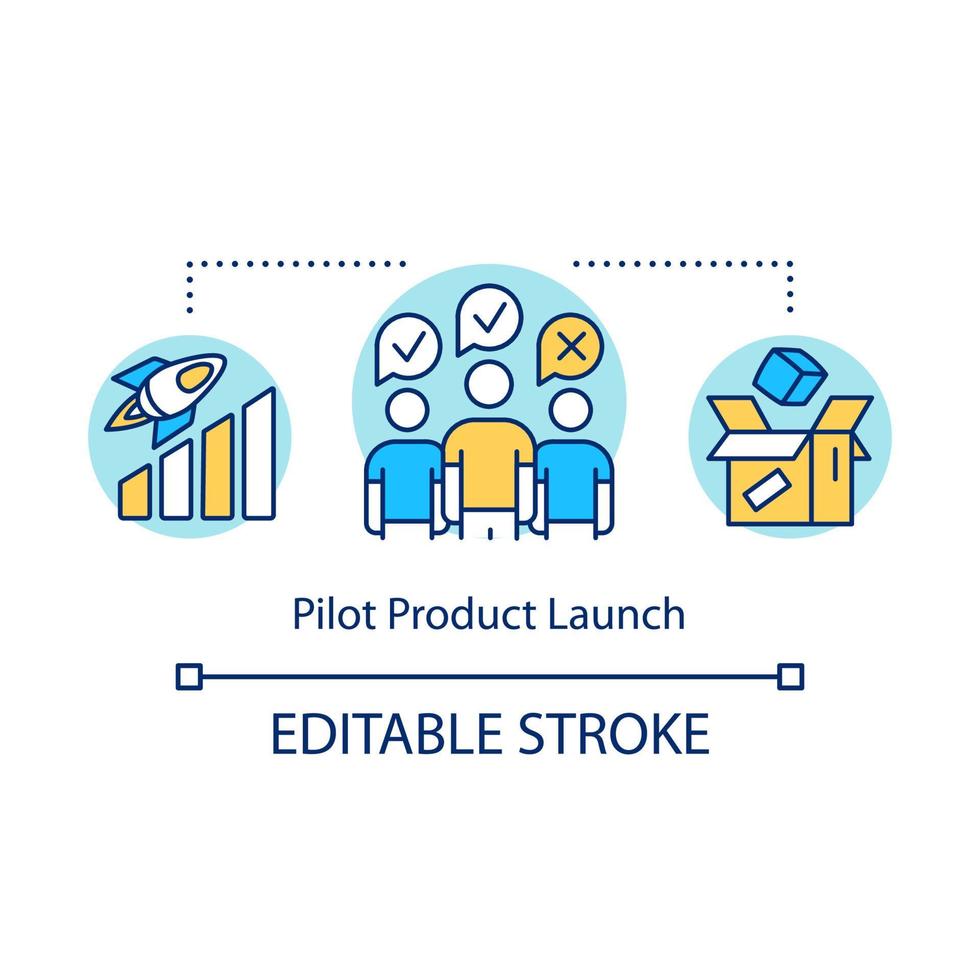 Symbol für das Pilotprodukt-Launch-Konzept. produktionsstrategie idee dünne linie illustration. Testverkauf. Probelauf für Projekt. Testen von Produkten durch Kunden. Vektor isoliert Umrisszeichnung. editierbarer Strich