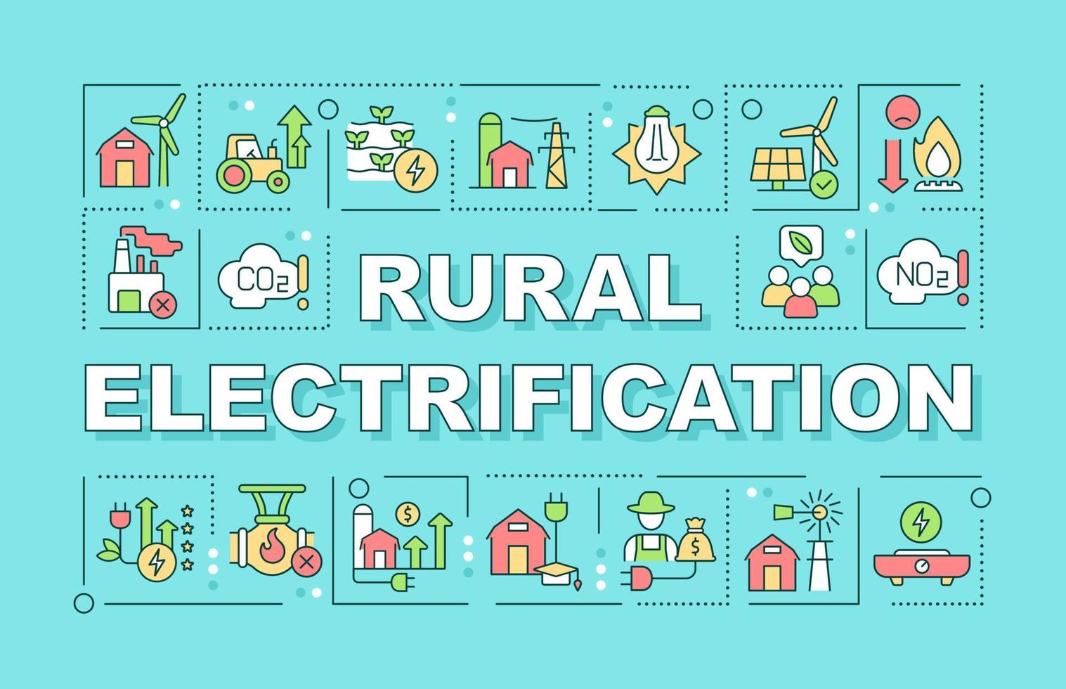 ländliche Elektrifizierung Wortkonzepte blaue Fahne. abgelegenen Gebieten. Infografiken mit linearen Symbolen im Hintergrund. isolierte Typografie. Vektorfarbillustration mit Text. Arial-schwarze Schriftart verwendet vektor