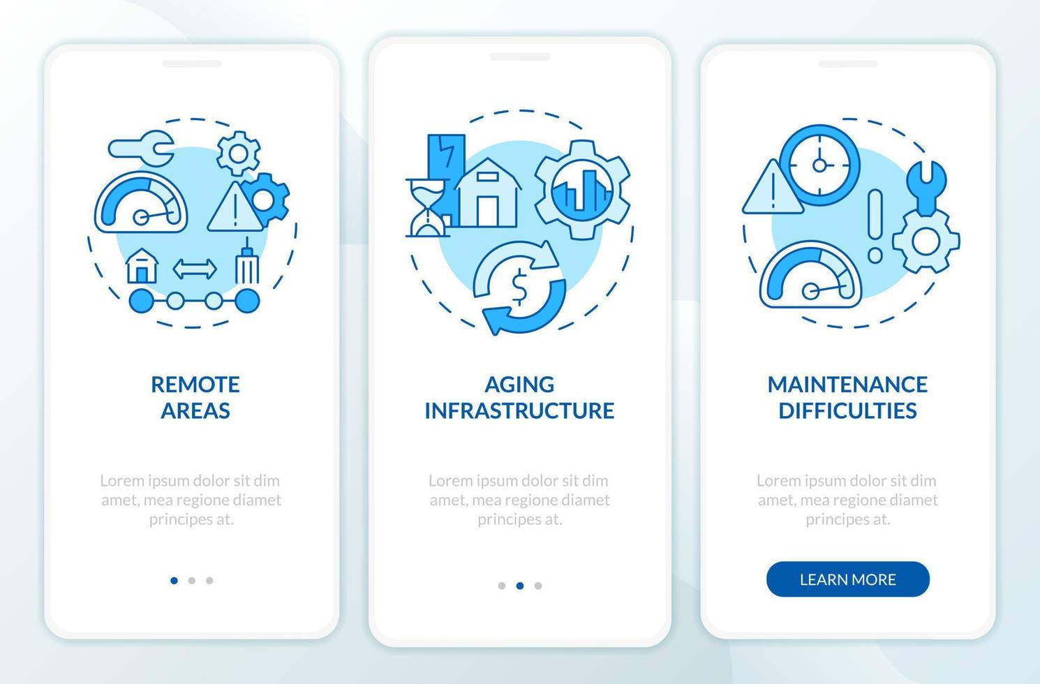 landsbygdens elektrifieringshinder blå onboarding mobilappskärm. genomgång 3-stegs grafiska instruktioner sidor med linjära koncept. ui, ux, gui mall. otaliga pro-fet, vanliga typsnitt som används vektor