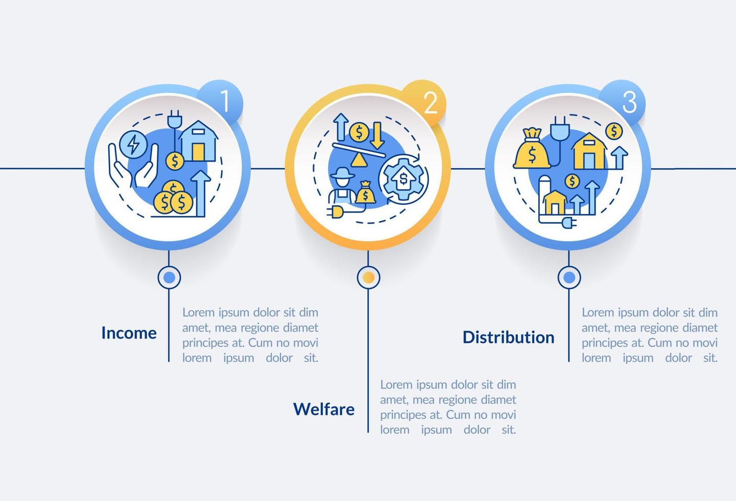 auswirkungen der infografik-vorlage für den ländlichen elektrifizierungskreis. Datenvisualisierung mit 3 Schritten. Info-Diagramm der Prozesszeitachse. Workflow-Layout mit Liniensymbolen. lato-fett, normale Schriftarten verwendet vektor