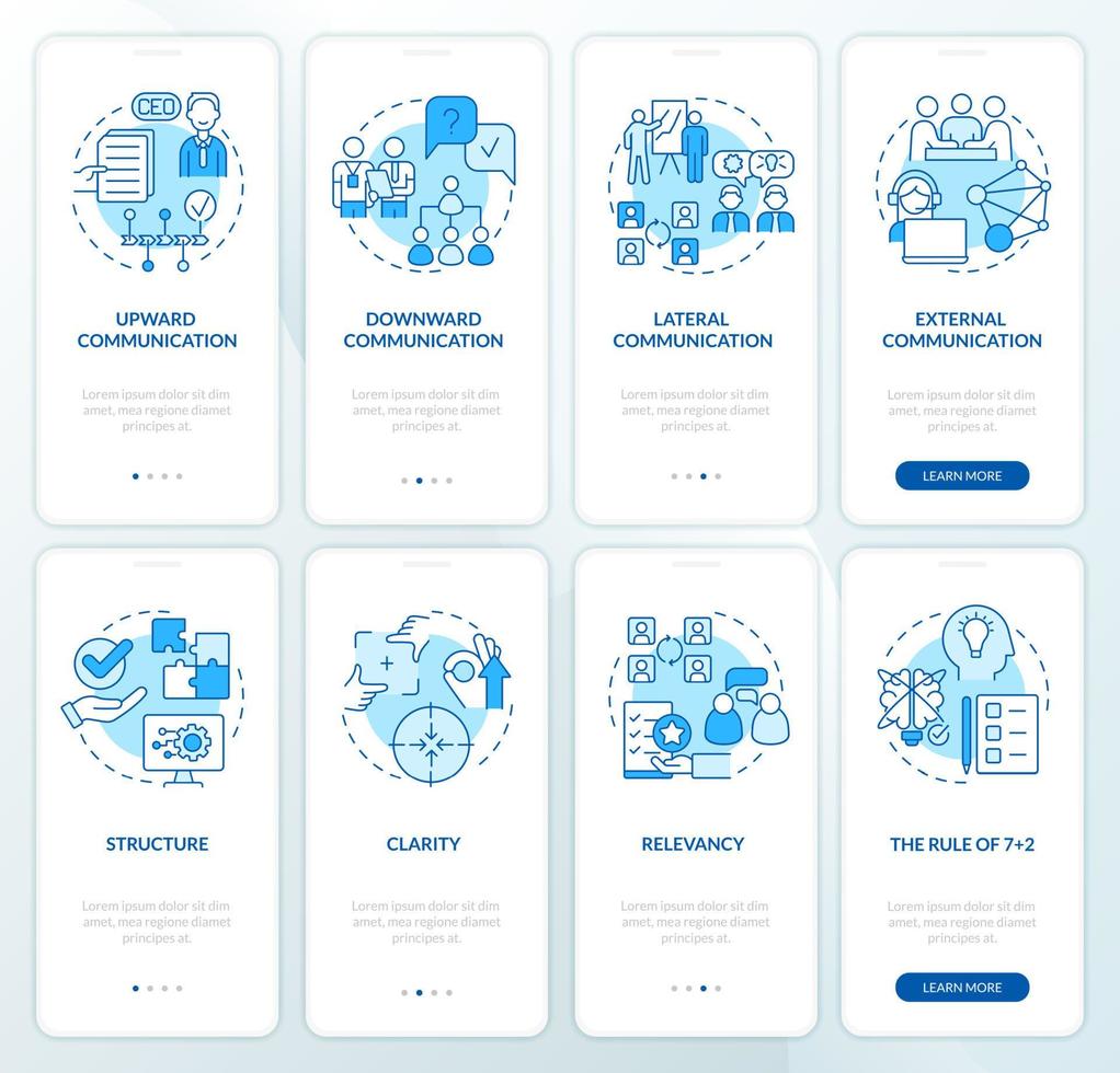 arbeitsplatzkommunikation blauer onboarding mobiler app-bildschirmsatz. Komplettlösung 4 Schritte grafische Anleitungsseiten mit linearen Konzepten. ui, ux, gui-Vorlage. Unzählige pro-fette, normale Schriftarten werden verwendet vektor