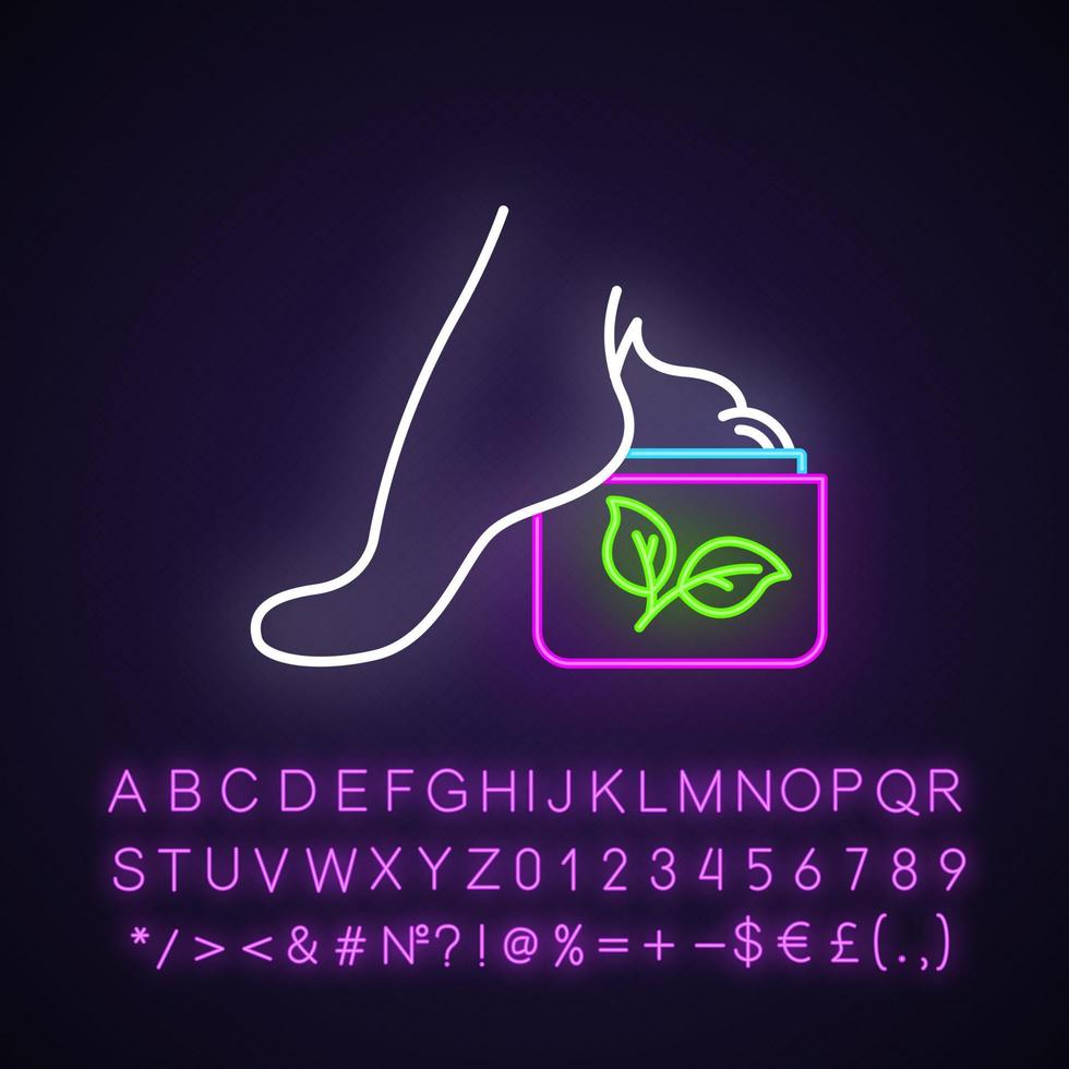 Symbol für Neonlicht im Fußcremetiegel. Hautpflegeprodukt. Fußpflege Lotion. Frei von Parabenen. Lösung für trockene Haut. Bio-Kosmetik. leuchtendes zeichen mit alphabet, zahlen und symbolen. vektor isolierte illustration