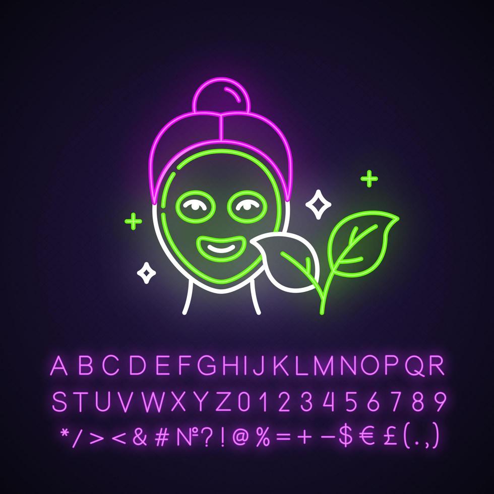 Symbol für Neonlicht der Gesichtsmaske. Hautpflege-Routine. pflanzlich. Schönheitsprodukt. Gesichtsbehandlung. feuchtigkeitsspendend. Bio-Kosmetik. leuchtendes zeichen mit alphabet, zahlen und symbolen. vektor isolierte illustration