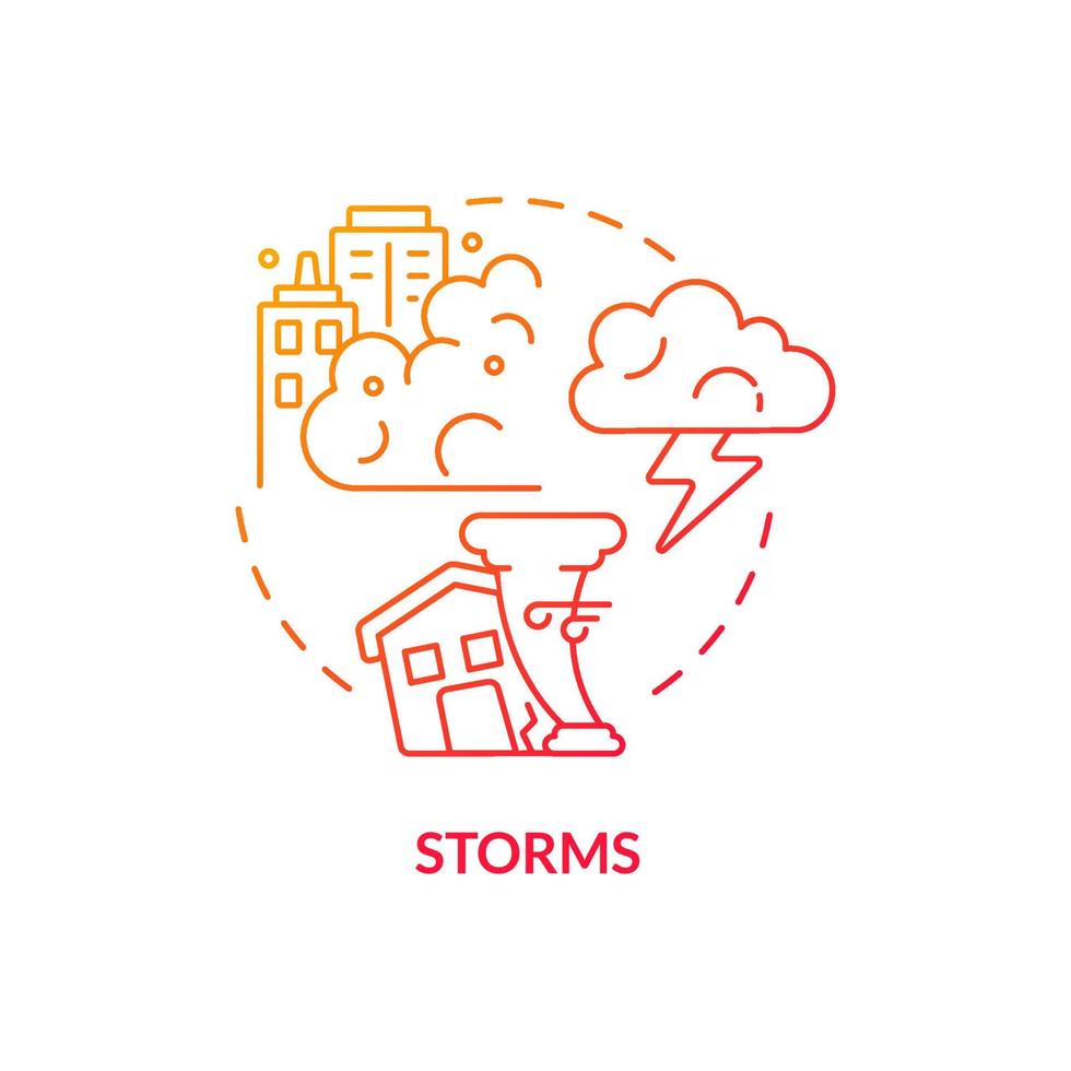 Symbol für das Konzept des roten Farbverlaufs der Stürme. Wind und Gewitter. Klimawandel abstrakte Idee dünne Linie Illustration. isolierte Umrisszeichnung. editierbarer Strich. Roboto-Medium, unzählige pro-fette Schriftarten verwendet vektor