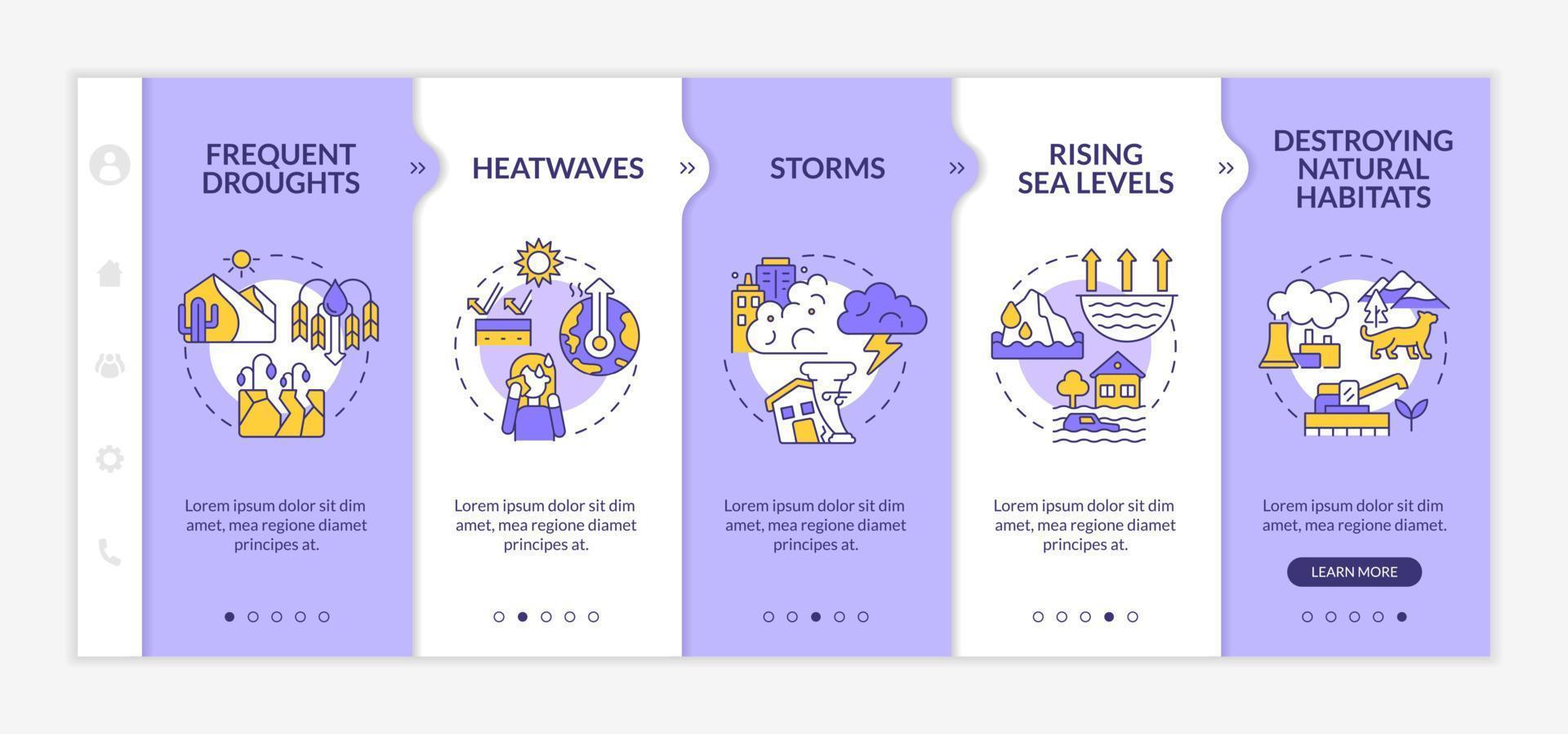 effekter av klimatförändringar lila och vit onboarding mall. responsiv mobilwebbplats med linjära konceptikoner. webbsida genomgång 5 steg skärmar. lato-fet, vanliga typsnitt som används vektor