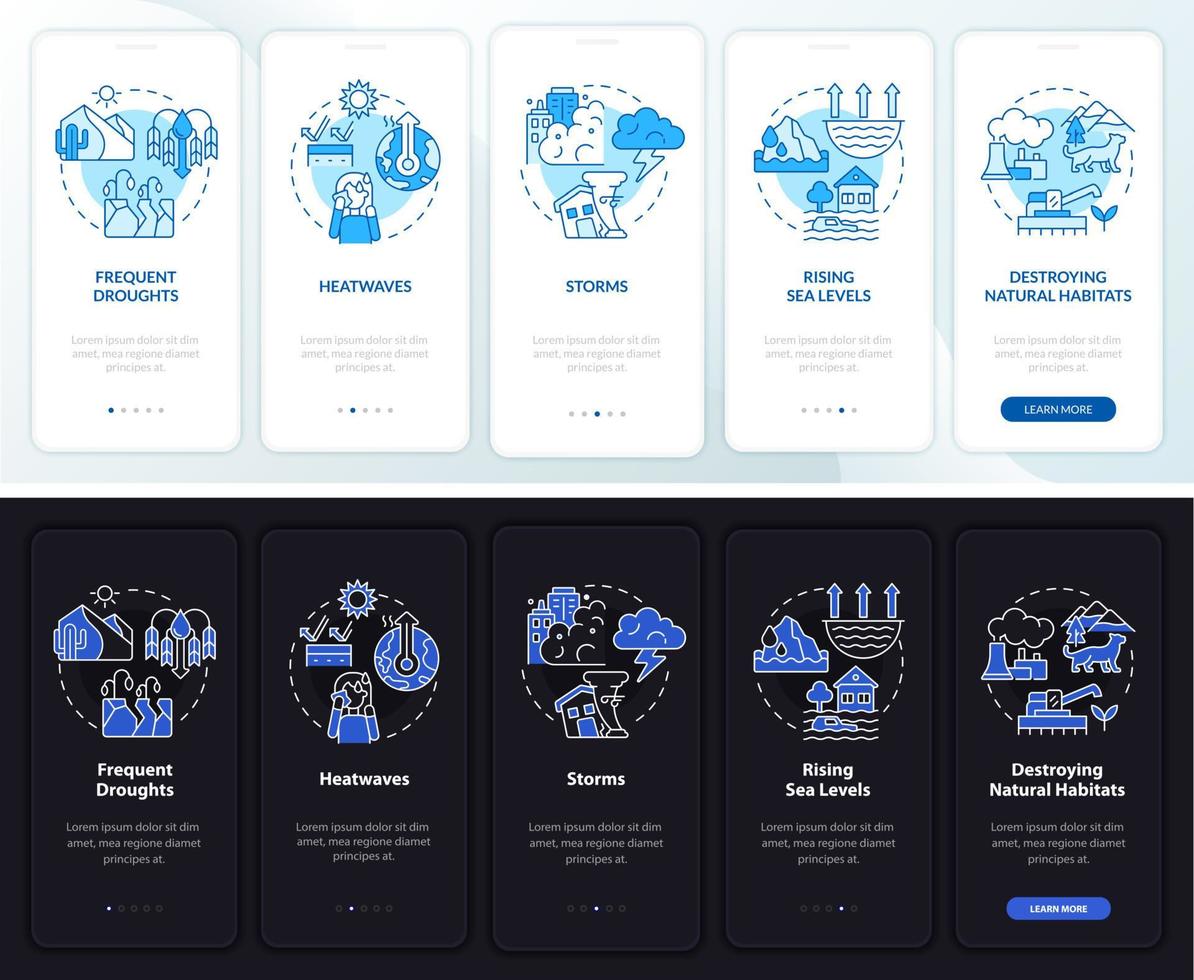 auswirkungen des klimawandels nacht, tagmodus beim onboarding des mobilen app-bildschirms. Komplettlösung 5 Schritte grafische Anleitungsseiten mit linearen Konzepten. ui, ux, gui-Vorlage. Unzählige pro-fette, normale Schriftarten werden verwendet vektor