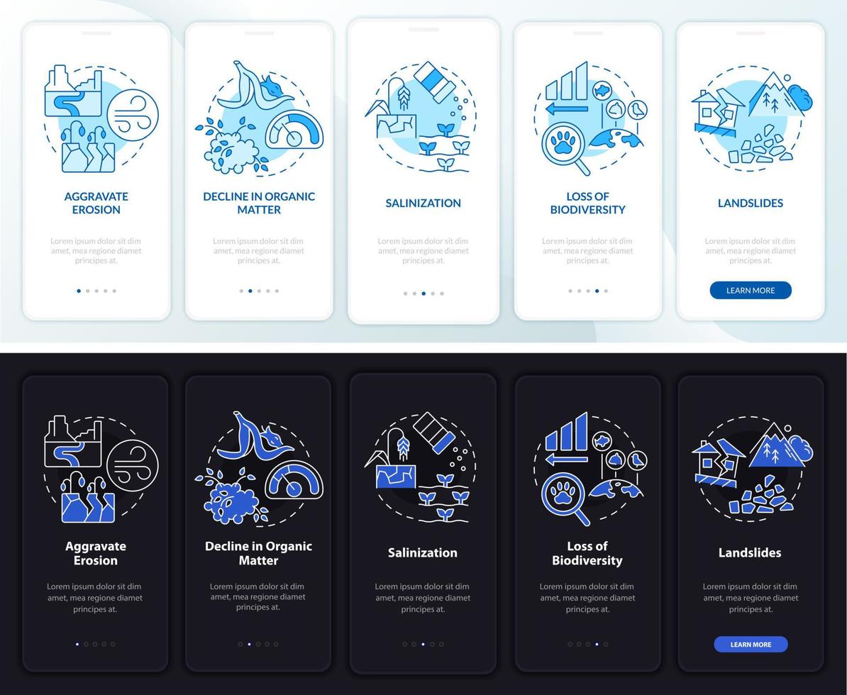 klimawandel und umwelt nacht, tag beim onboarding des mobilen app-bildschirms. Komplettlösung 5 Schritte grafische Anleitungsseiten mit linearen Konzepten. ui, ux, gui-Vorlage. Unzählige pro-fette, normale Schriftarten werden verwendet vektor