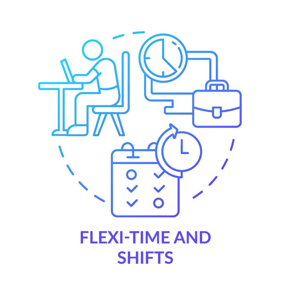 Gleitzeit und Schichten Symbol für blaues Gradientenkonzept. persönlicher zeitplan für mitarbeiter abstrakte idee dünne linie illustration. isolierte Umrisszeichnung. Roboto-Medium, unzählige pro-fette Schriftarten verwendet vektor