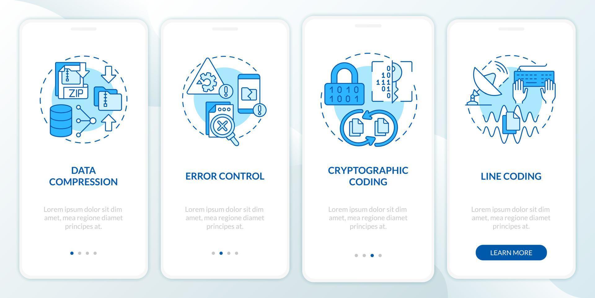 arten der codierung blauer onboarding-bildschirm der mobilen app. Programmer Walkthrough 5 Schritte grafische Anleitungsseiten mit linearen Konzepten. ui, ux, gui-Vorlage. Unzählige pro-fette, normale Schriftarten werden verwendet vektor