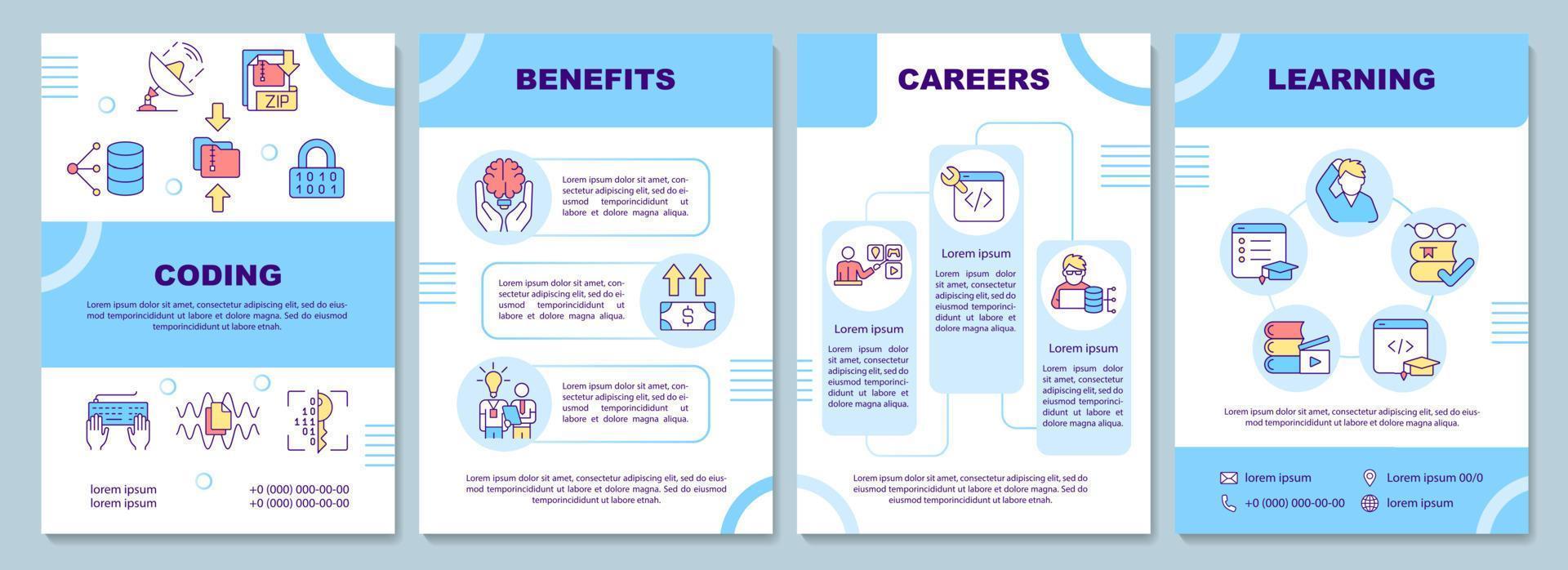 Vorlage für die Codierungskarrierebroschüre. Entwickler Job. Broschürendruckdesign mit linearen Symbolen. Vektorlayouts für Präsentationen, Jahresberichte, Anzeigen. arial-schwarz, unzählige Pro-Regular-Schriftarten verwendet vektor