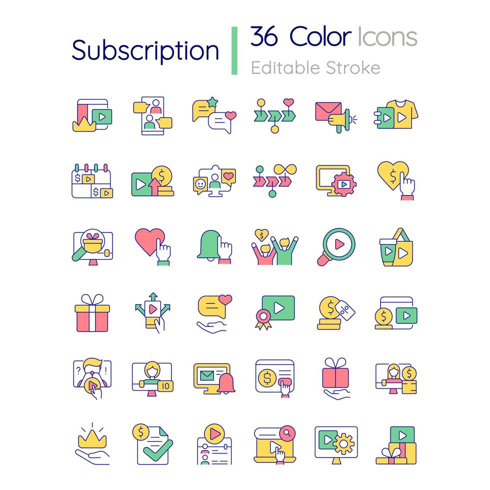 RGB-Farbsymbole für das Abonnement festgelegt. Boni und Vorteile. Monetarisierung von Inhalten. isolierte Vektorgrafiken. einfache Sammlung gefüllter Strichzeichnungen. editierbarer Strich. Quicksand-Light-Schriftart verwendet vektor