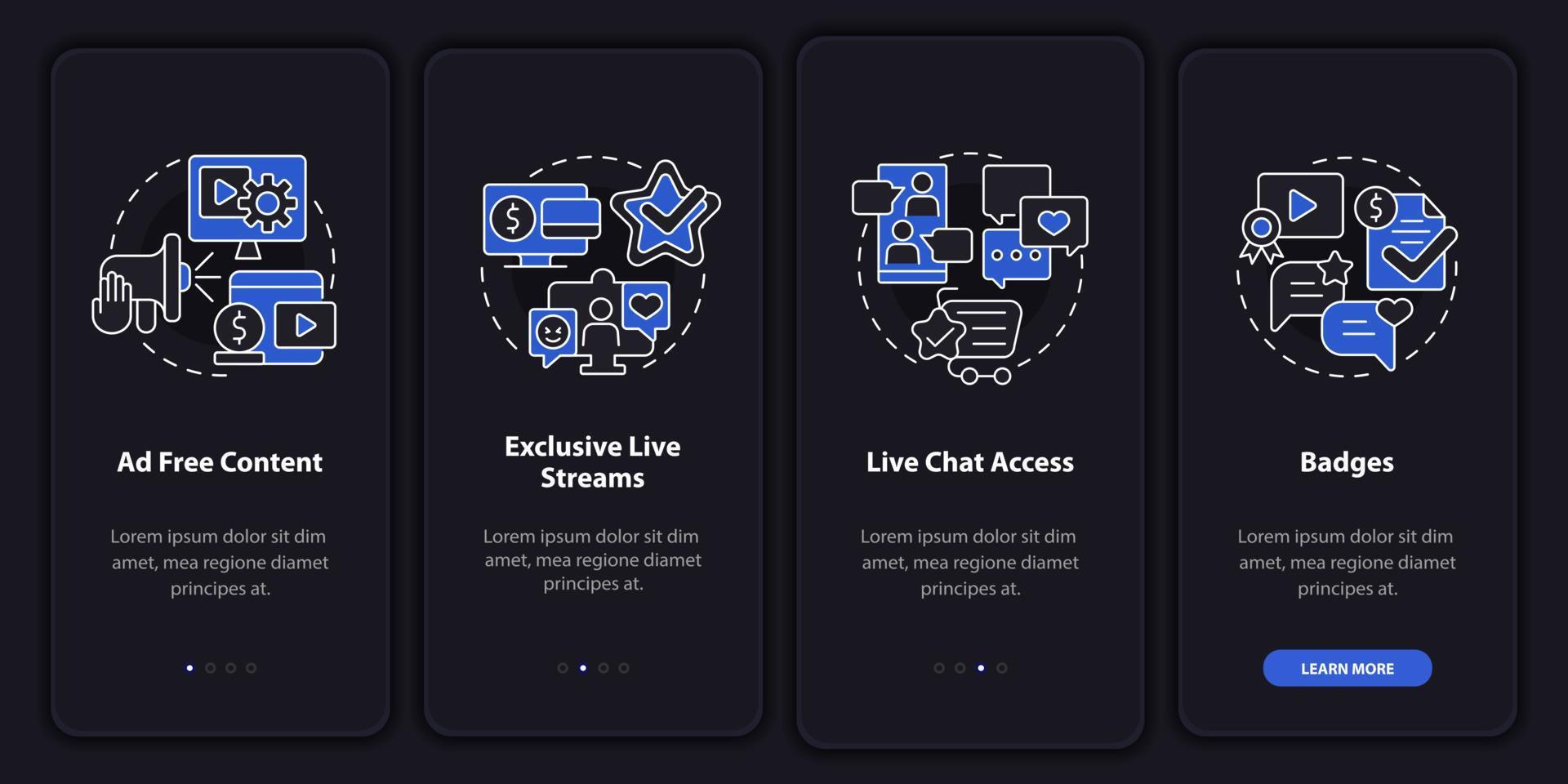 Bezahlte Abonnementfunktionen Nachtmodus beim Onboarding des Bildschirms der mobilen App. Komplettlösung 4 Schritte grafische Anleitungsseiten mit linearen Konzepten. ui, ux, gui-Vorlage. Unzählige pro-fette, normale Schriftarten werden verwendet vektor