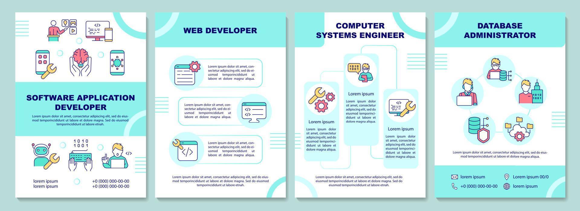 Broschürenvorlage für Entwickler von Softwareanwendungen. Entwickler. Broschürendruckdesign mit linearen Symbolen. Vektorlayouts für Präsentationen, Jahresberichte, Anzeigen. arial-schwarz, unzählige Pro-Regular-Schriftarten verwendet vektor