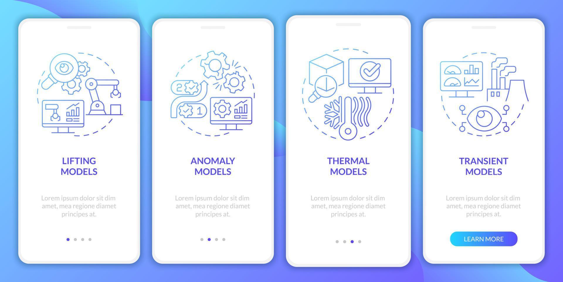 digitala tvillingmodeller blå gradient på mobilappskärmen. genomgång 4-stegs grafiska instruktionerssidor med linjära koncept. ui, ux, gui mall. otaliga pro-fet, vanliga typsnitt som används vektor