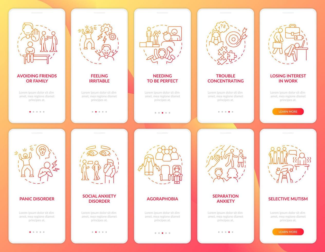 angststörung roter farbverlauf beim onboarding des mobilen app-bildschirmsatzes. Mindset Walkthrough 5 Schritte grafische Anleitungsseiten mit linearen Konzepten. ui, ux, gui-Vorlage. Unzählige pro-fette, normale Schriftarten werden verwendet vektor