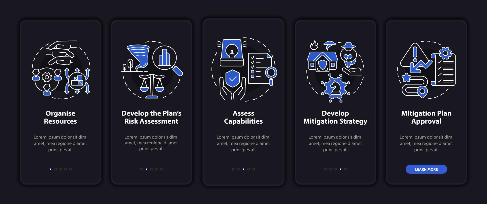 Schritte zur Gefahrenminderung Nachtmodus beim Onboarding auf dem Bildschirm der mobilen App. Risk Walkthrough 5 Schritte grafische Anleitungsseiten mit linearen Konzepten. ui, ux, gui-Vorlage. Unzählige pro-fette, normale Schriftarten werden verwendet vektor