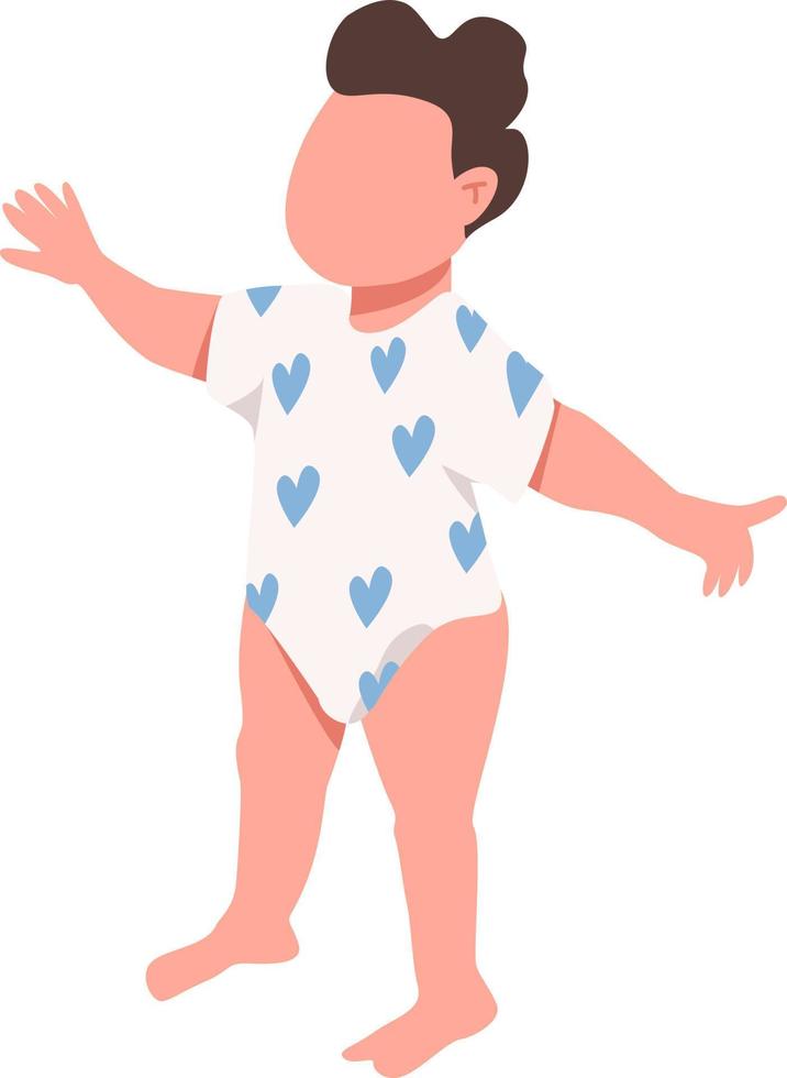 männliches baby, das niedlichen bodysuit mit herzen trägt, halbflacher farbvektorcharakter vektor
