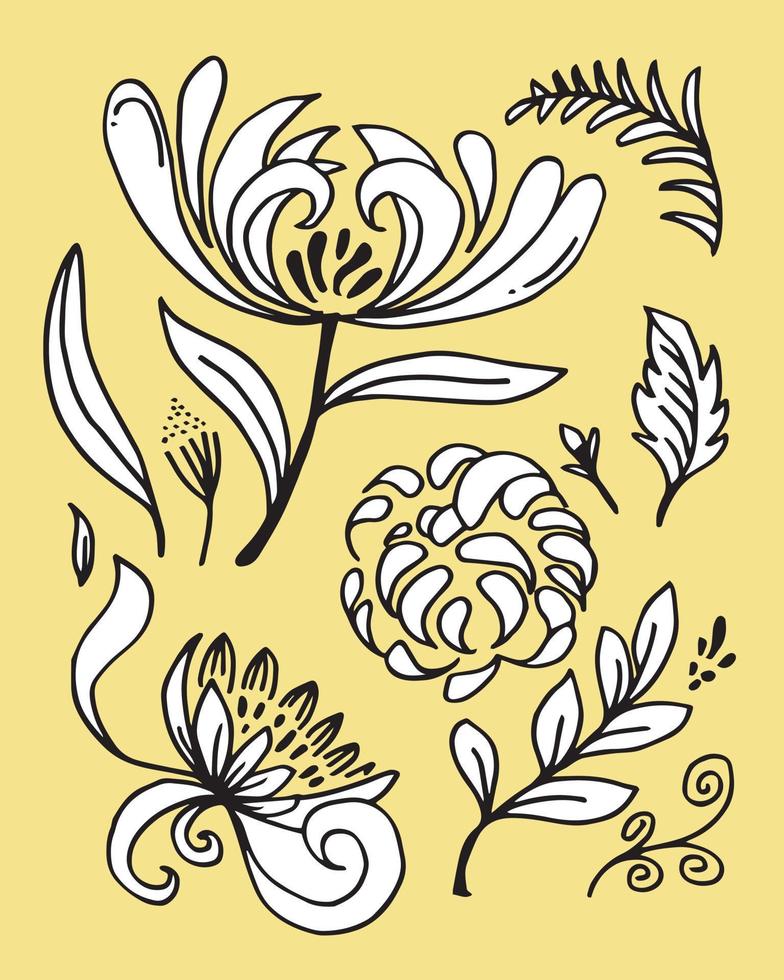 handritad blomma krysantemum och tropiska leaves.vector illustration. vektor